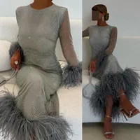 Customized Round Neck Evening Party Dresses Long Sleeve Feathers Exquisite Sheath Prom Gown Feather Mesh High Quality Dress