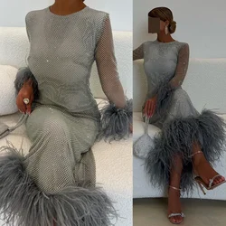 Customized Round Neck Evening Party Dresses Long Sleeve Feathers Exquisite Sheath Prom Gown Feather Mesh High Quality Dress