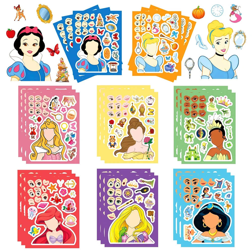 

8/16 листов, Кавайная принцесса, Сделай лицо, наклейки-головоломки, Диснеевская аниме-игра-головоломка для девочек, сделай сам, мультфильм, собери обучающие наклейки, игрушка