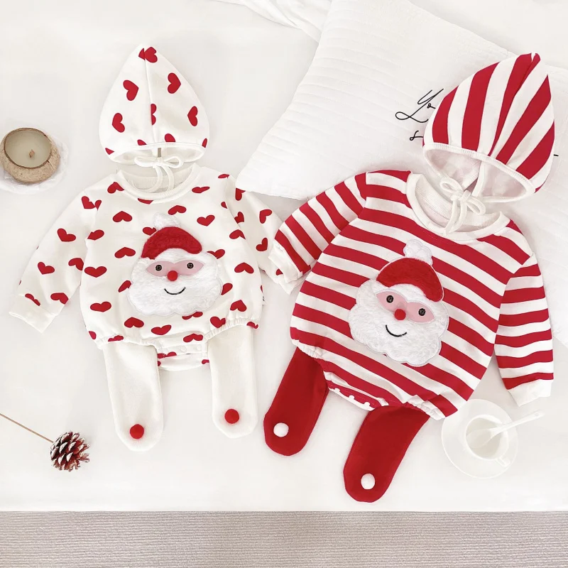 

Christmas Baby Kids Red Velvet Romper for Children's Winter Clothing New Year Newborn Girls Boys Snowman Love Climbing With Hat