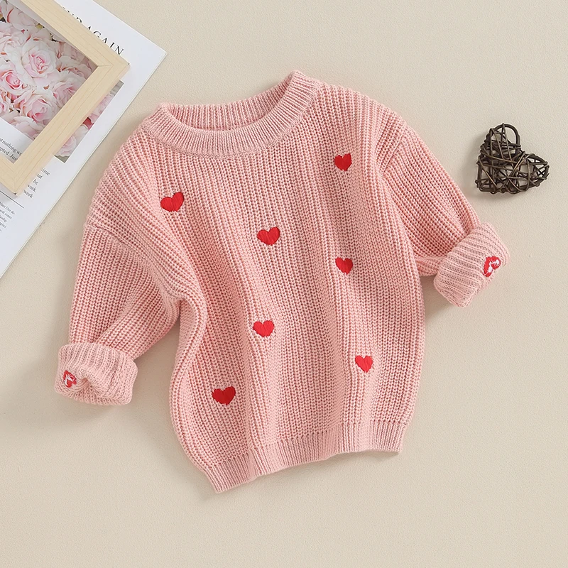 2023-10-12 Lioraitiin 0-18M Baby Girl Knit Sweater Love Heart Embroidery Sweatshirt Pullover Tops Infant Valentine\'s Day Clothes