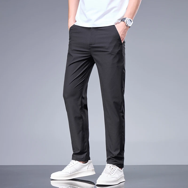 Men's Ice Silk Pants 2024 New Summer Light Thin Breathable Slim Fit Trousers Straight Tube Business Mens Casual Joggers