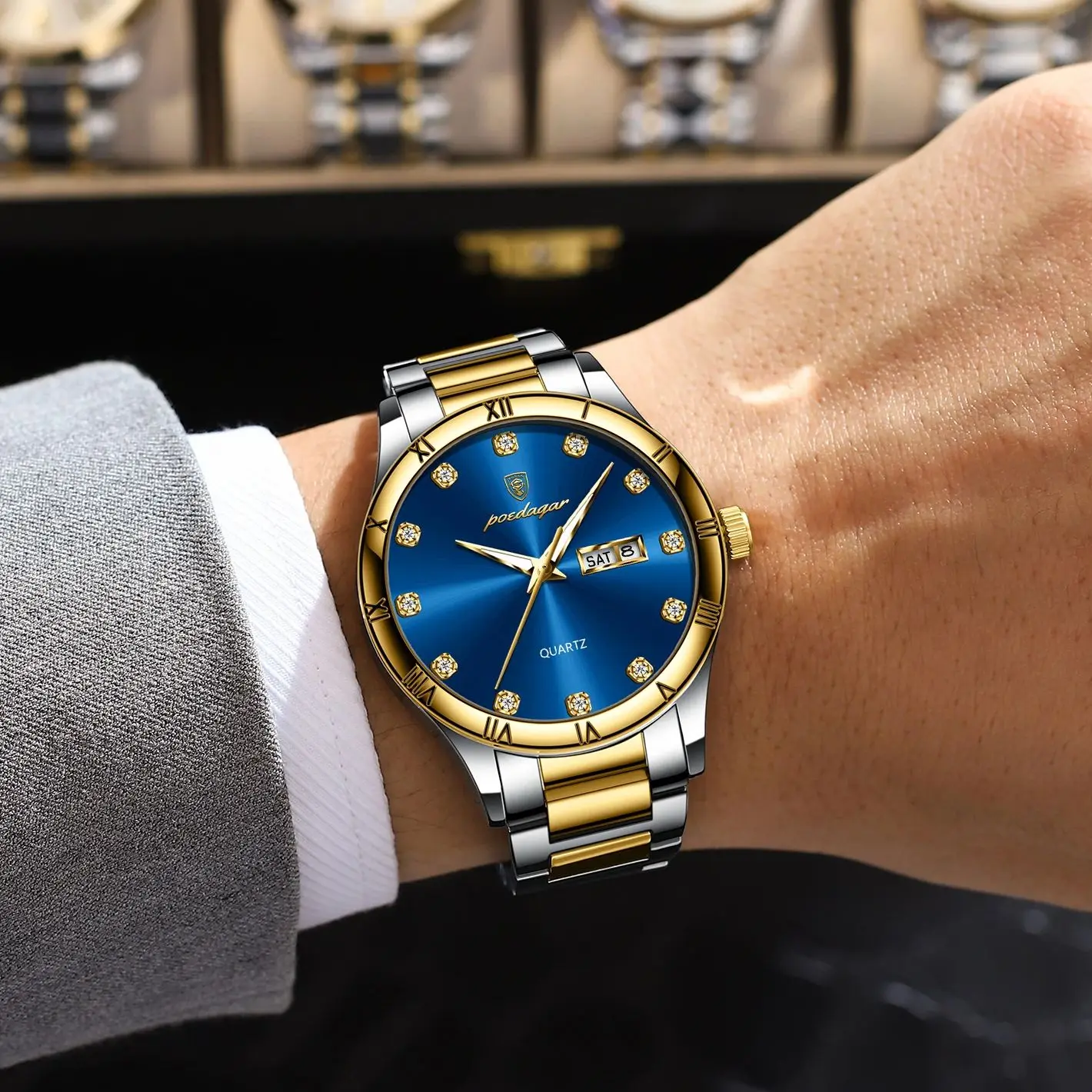 POEDAGAR ساعات الأعمال الفاخرة للرجال مقاوم للماء مضيئة الفولاذ المقاوم للصدأ رجل ساعة تاريخ الأسبوع موضة كوارتز ساعة يد رجالي