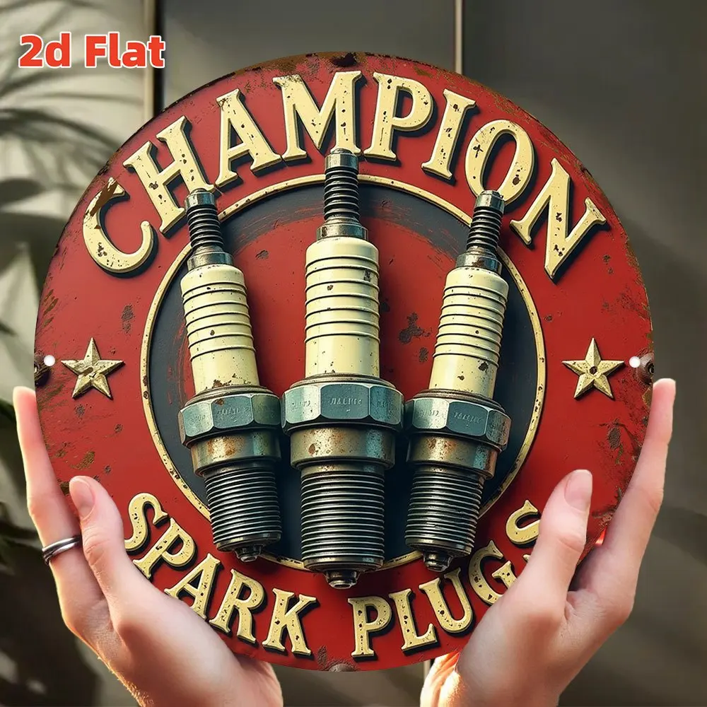 Vintage Champion Spark Plug Logo Arte de pared de metal - Letrero redondo de aluminio de 19,81 cm con diseño de carreras rojo y dorado, motor automotriz