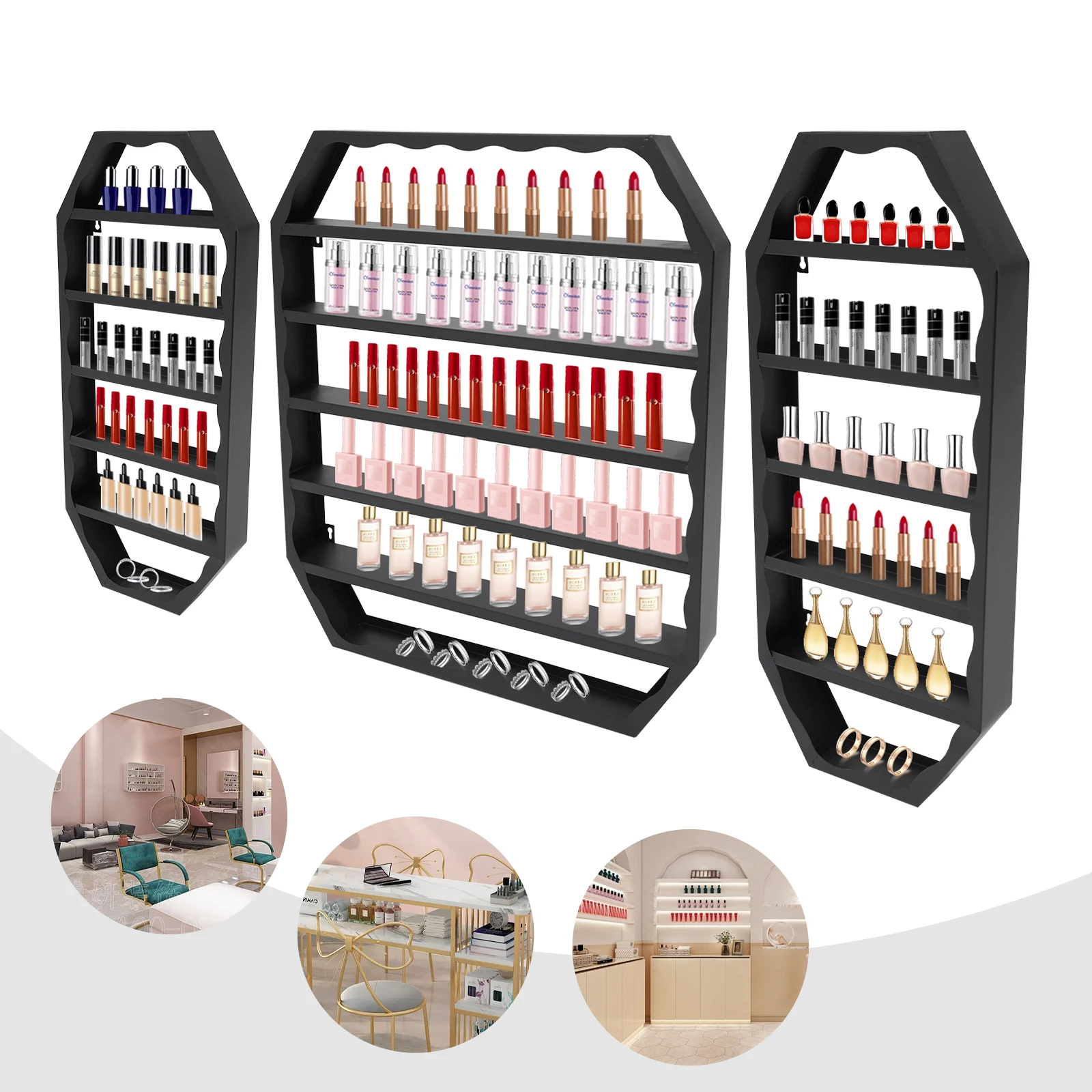 Iron Art Wall Mounted Nail Polish Storage Rack Nail Care Rack Three Piece Set-Black