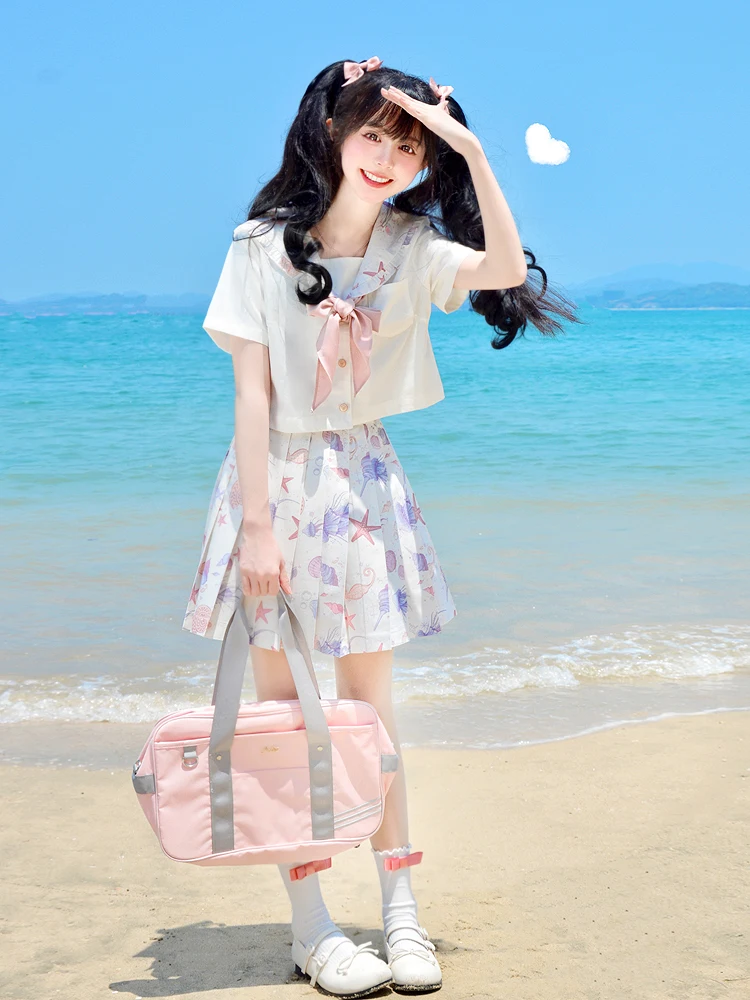 Elegant Sweet College JK Uniform Cute Girl Summer Romantic Dream Ocean Printed Skirt Short Sleeve Versatile Navy Collar Shirt