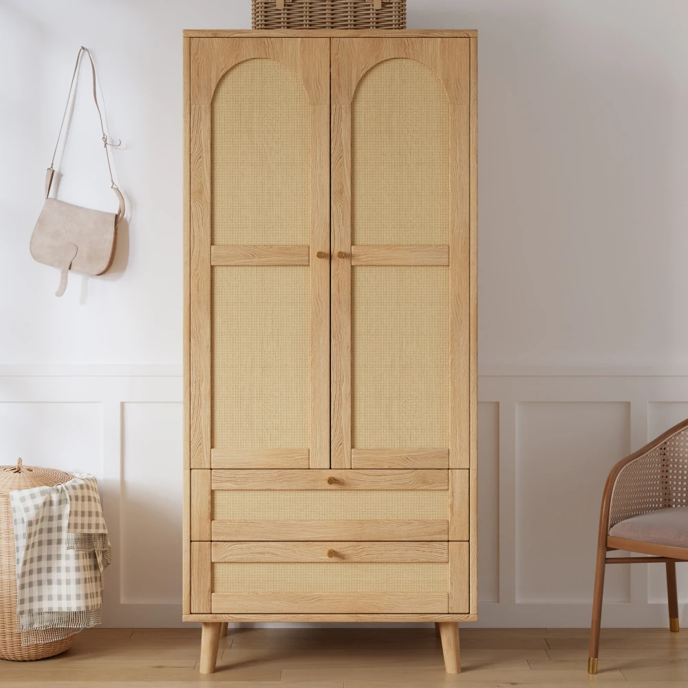 Armadio moderno in legno, modello a colonna, con struttura in rattan intrecciato, ideale per riporre abiti, dotato di ampio spazio di archiviazione, diversi scomparti e due ampi cassetti, robusto