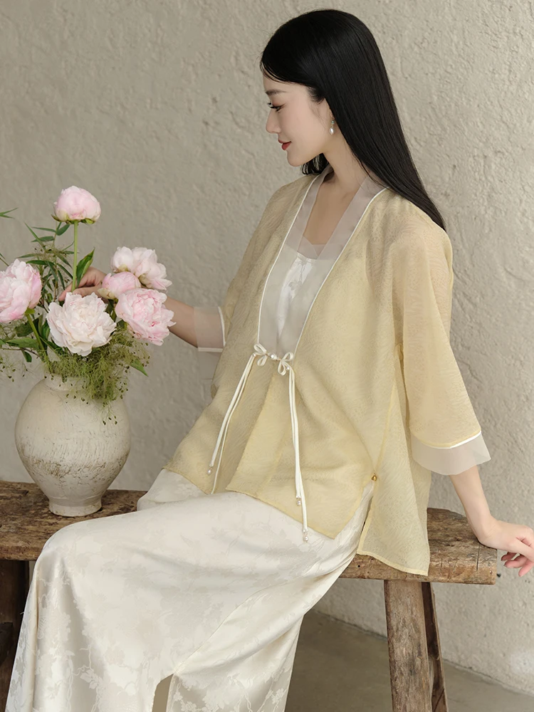 

New Chinese Sle Original Summer Embroidered Silk Chiffon Tea Costume Top f Skirt Set Women's Faion Ensemble