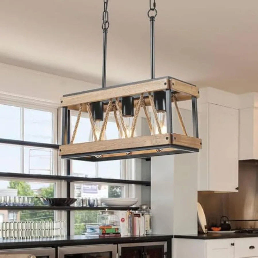 

Farmhouse Rectangle Wood Chandeliers 3-Light Rustic Kitchen Pendant Lighting Over Table Vintage Hanging Light for Kitchen Islan