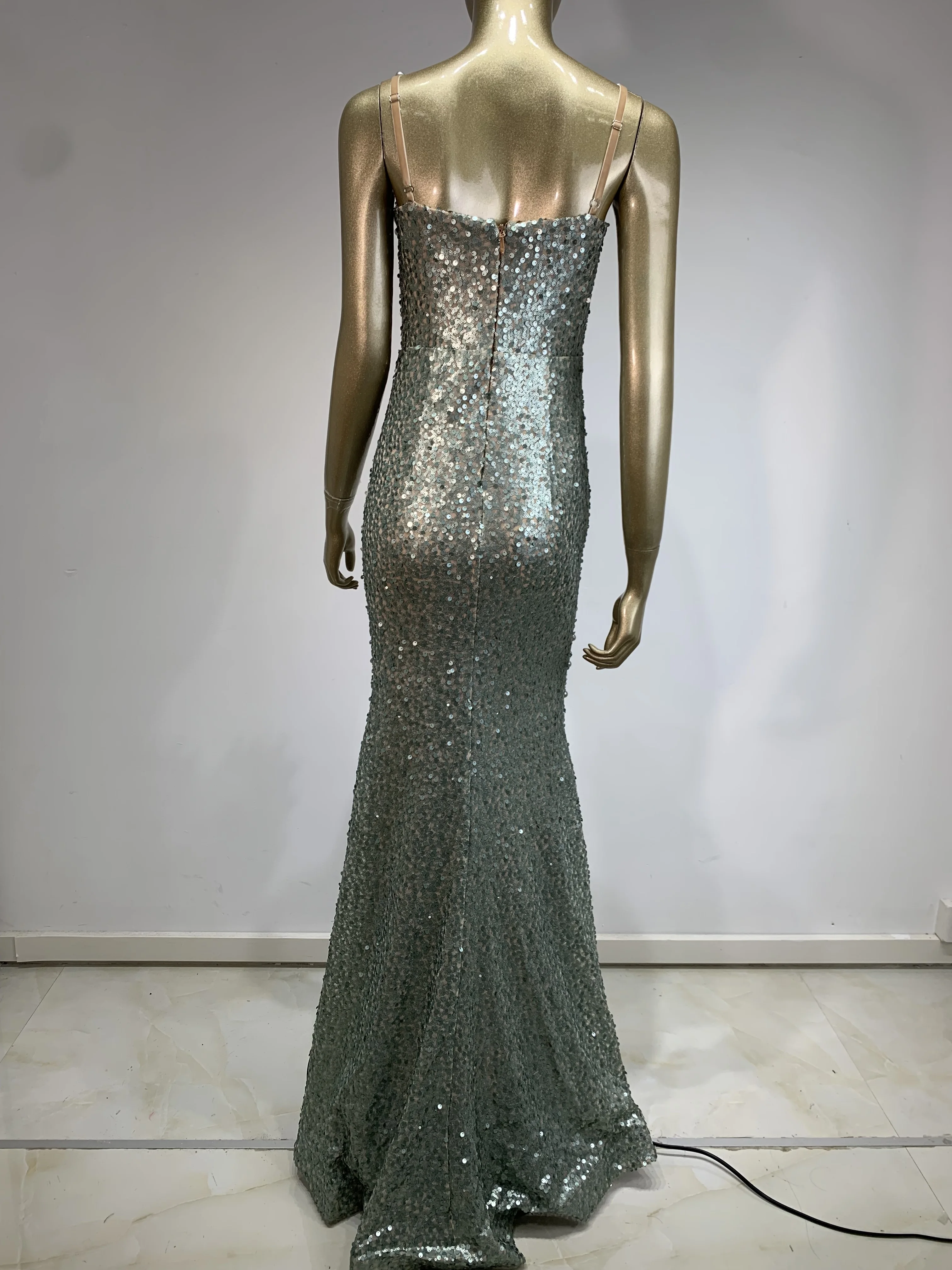 Women Celebrity Sexy Pearl Sequins Mesh Maxi Long Green Dress 2024 Elegant Party Evening Stage Performance Dress Vestido