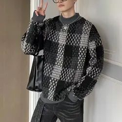 Autumn Winter Plaid Sweaters Casual Contrasting Colors Men's Clothing Half High Collar Stylish Spliced Basic Knitted Pullovers