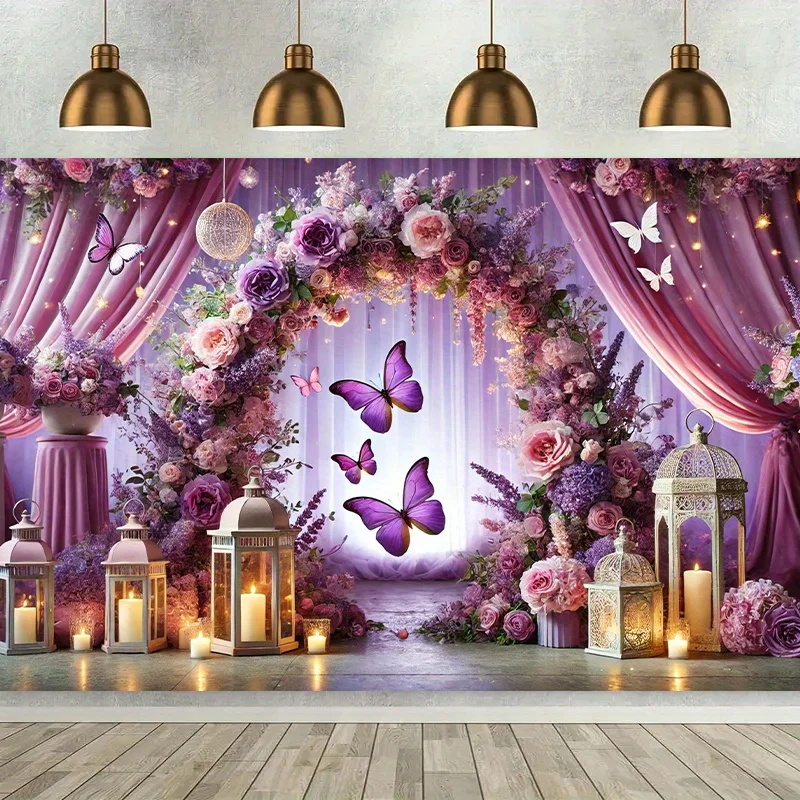 1 Break through, enchanting purple butterfly dreamy garden background banner, suitable for families and outdoor parties