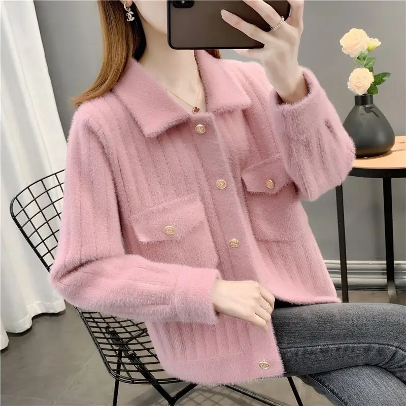 Autumn Winter Women's Clothing Long Sleeve Turn-down Collar Solid Color Button Cardigan Coats Casual Office Lady Korean Tops