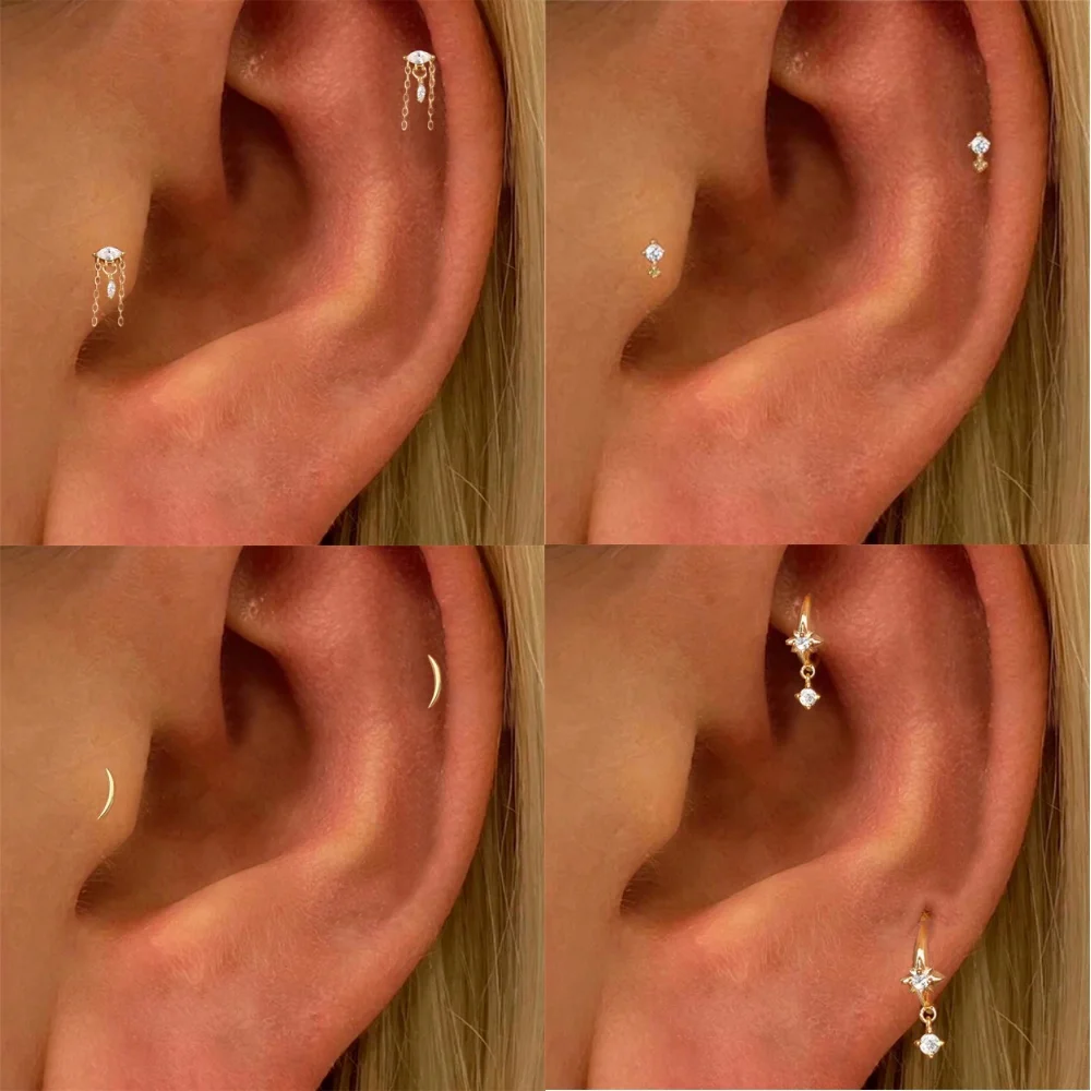 BOAKO 925 فضة كوريا شرابة/الهلال القمر قرط الاذن المرصع للمرأة 18K الذهب اللون شقة عودة ثقب القرط مجوهرات #1