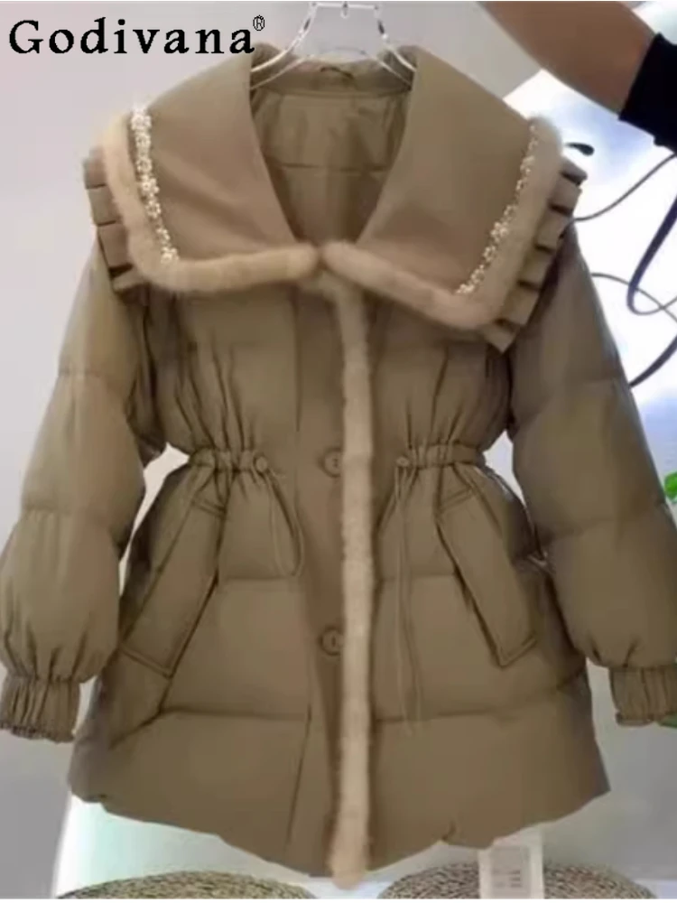 

Winter Large Size Korean Medium Long Down Cotton Coat Women Peter Pan Collar Loose Versatile Age-reducing Fashion Thick Tops