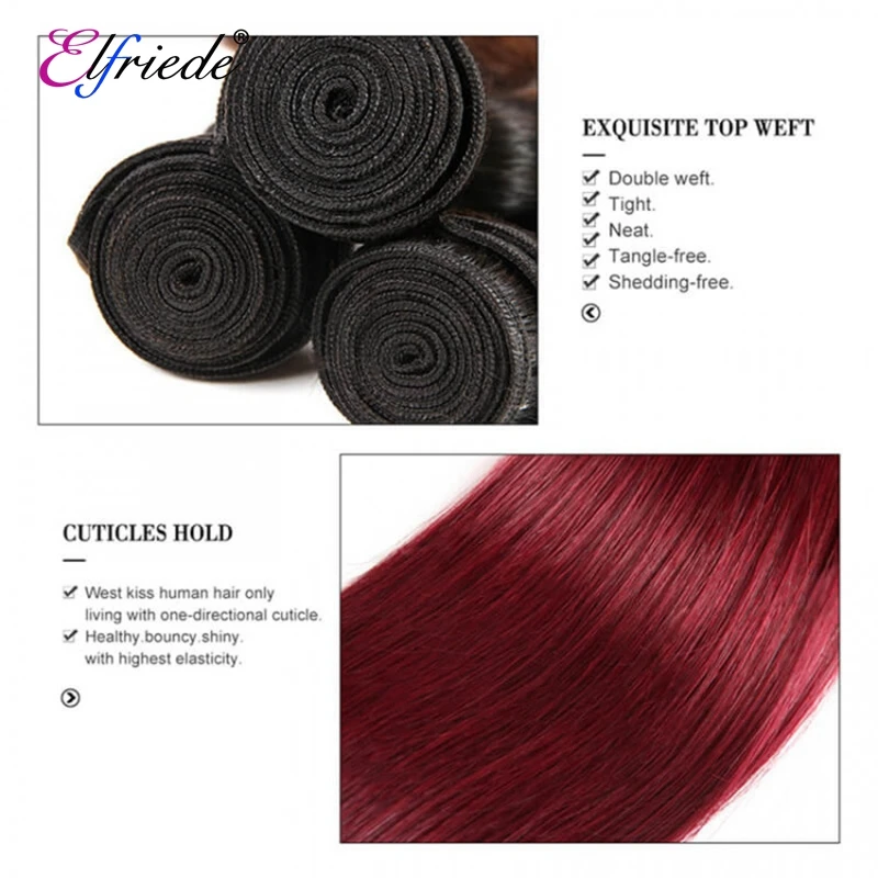 Elfriede # 1B/99J paket rambut manusia lurus Burgundy 100% ekstensi rambut manusia Remy 3/4 penawaran rambut manusia dijahit kain