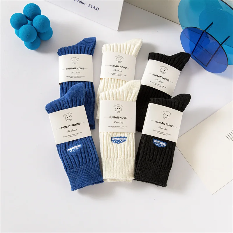 Richao Snow Mountain Embroidery Pure Cotton Thick Thread Medium Pipe Socks Klein Blue Versatile Socks for Men and Women