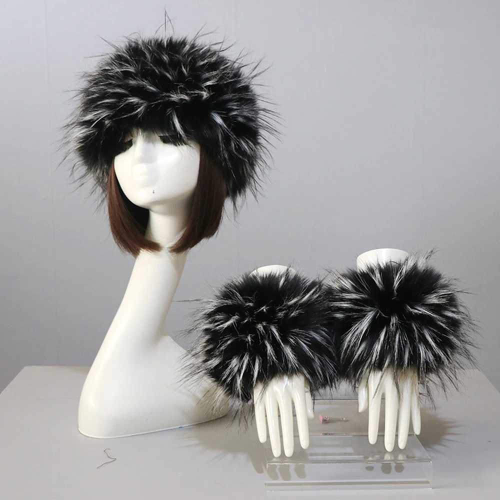 3pcs/Set Women Winter Faux Fox Fur Headband Hats Cuffs Fashion Warmth Female Wrist Sleeve Gloves Faux Fur Cap Russian Style