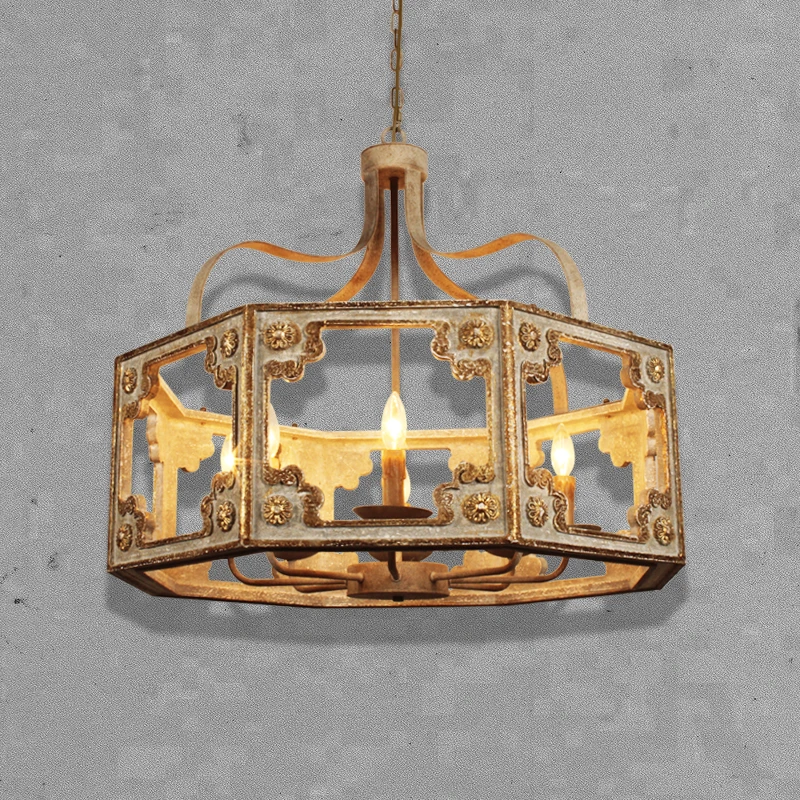 Wooden Vintage American Country Chandelier Hand Carved Antique Candle Light for Living Room Dining Bedroom