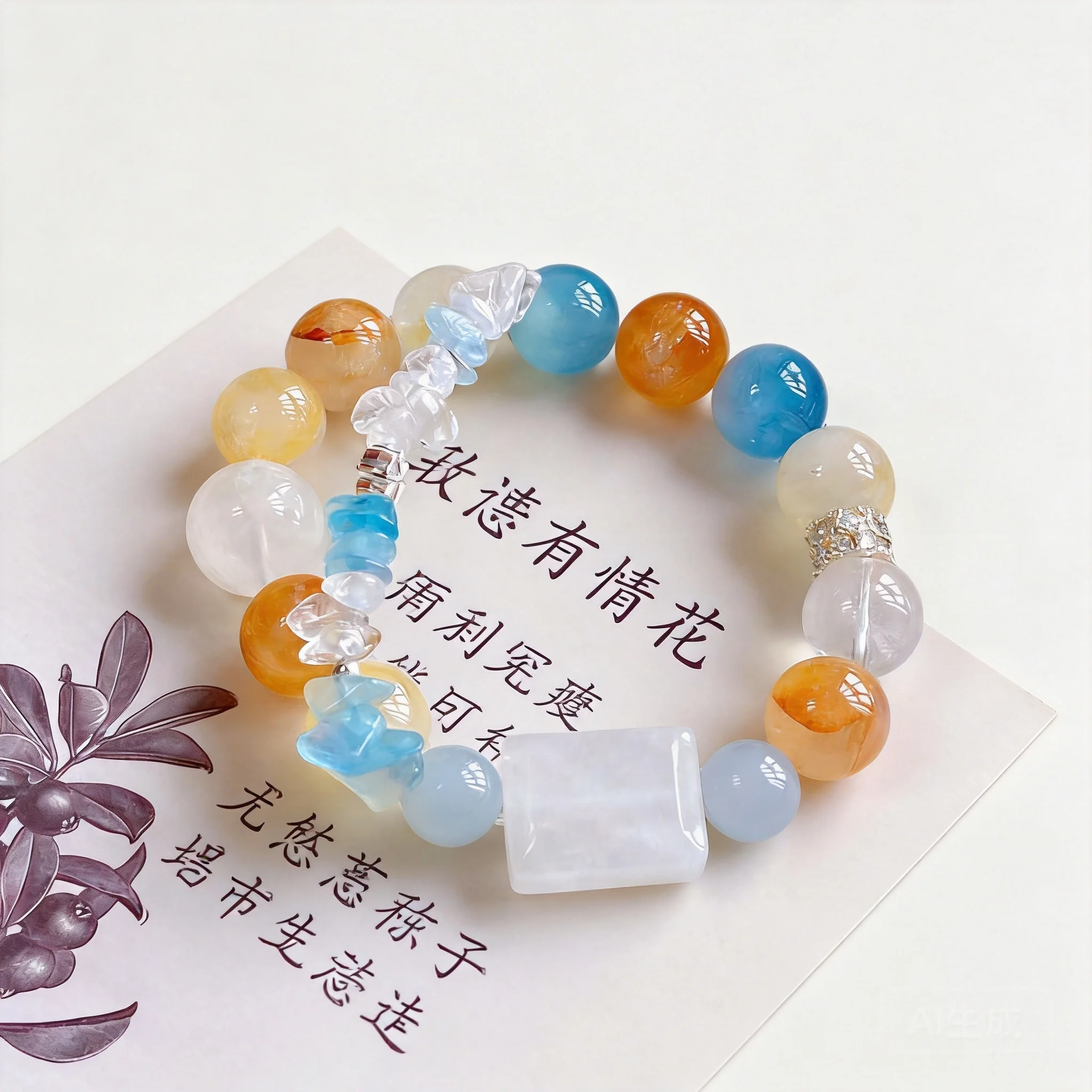 Chinese Style Lucky Natural Aquamarine Gel Flower Citrine White Phantom Crystal Beaded Bracelet 12mm Blessing Fortune Attracting