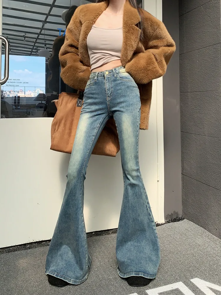 

2023 Pantalones Y2K Fashion Washed Blue Slim Flare Jeans Pants For Women High Waist 90S Vintage Clothes Kpop Lady Denim Trousers