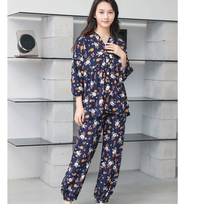 New Pajamas Cotton Silk Loose Female Summer Loose Lantern Sleeve Air Conditioning Set Thin Home Jacket Cardigan Two-piece Set