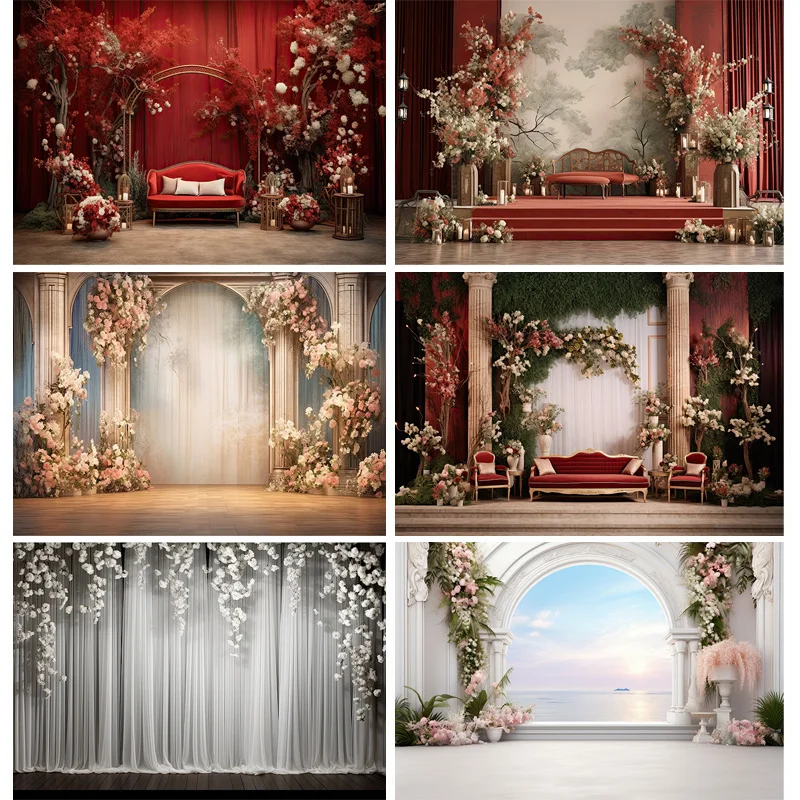 Fantasy Wedding Stage Photography Backdrops Flower Arch Background Banner Interior Curtain Decorated Photo Studio Props SG-06