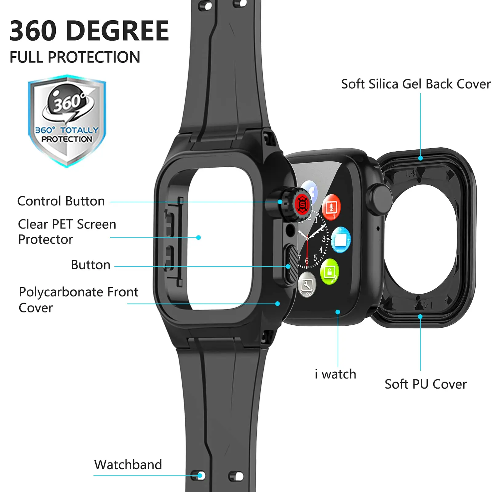 Silicone Case+Strap For Apple Watch band 44mm 42mm 41mm 45mm Sport IP68 Waterproof Wristband  iWatch series 4 5 6 SE 7 8 cover