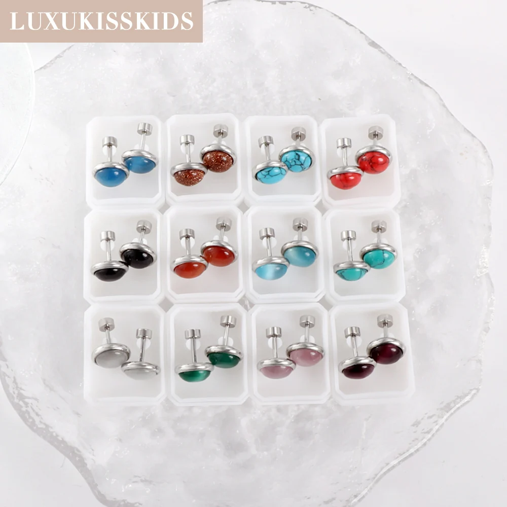 LUXUKISSKIDS Opal Earrings Stud Antiallergy Stainless Steel 12pairs/Lots Colorful Stone Earings Sets Twist Pack Bulk Piercing