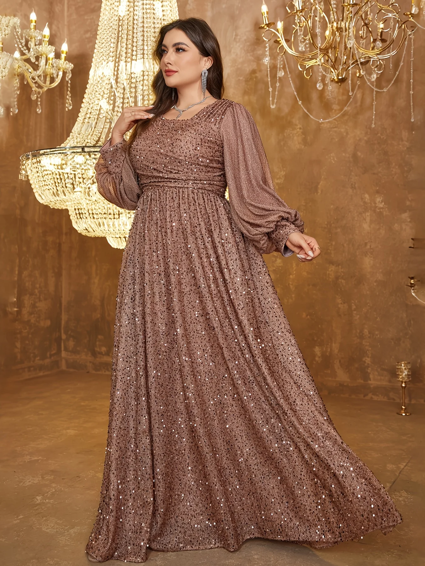 

Luxury 2025 Rose Gold Sequin Long Sleeve Evening Dress with Puff Sleeves, Elegant Plus - Size Gown for Wedding, Party, Prom