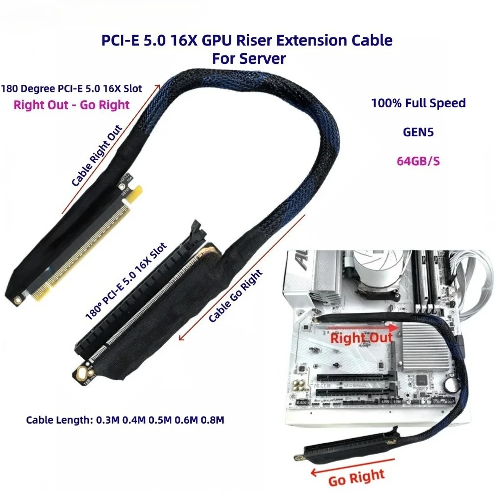 PCI-E 5.0 16X to PCIe X16 Graphics Card GEN5 GPU Riser Extension Cable 64GB/S 0.4M 0.5M 06M 0.8M for AI Server RTX5090 A100 H100
