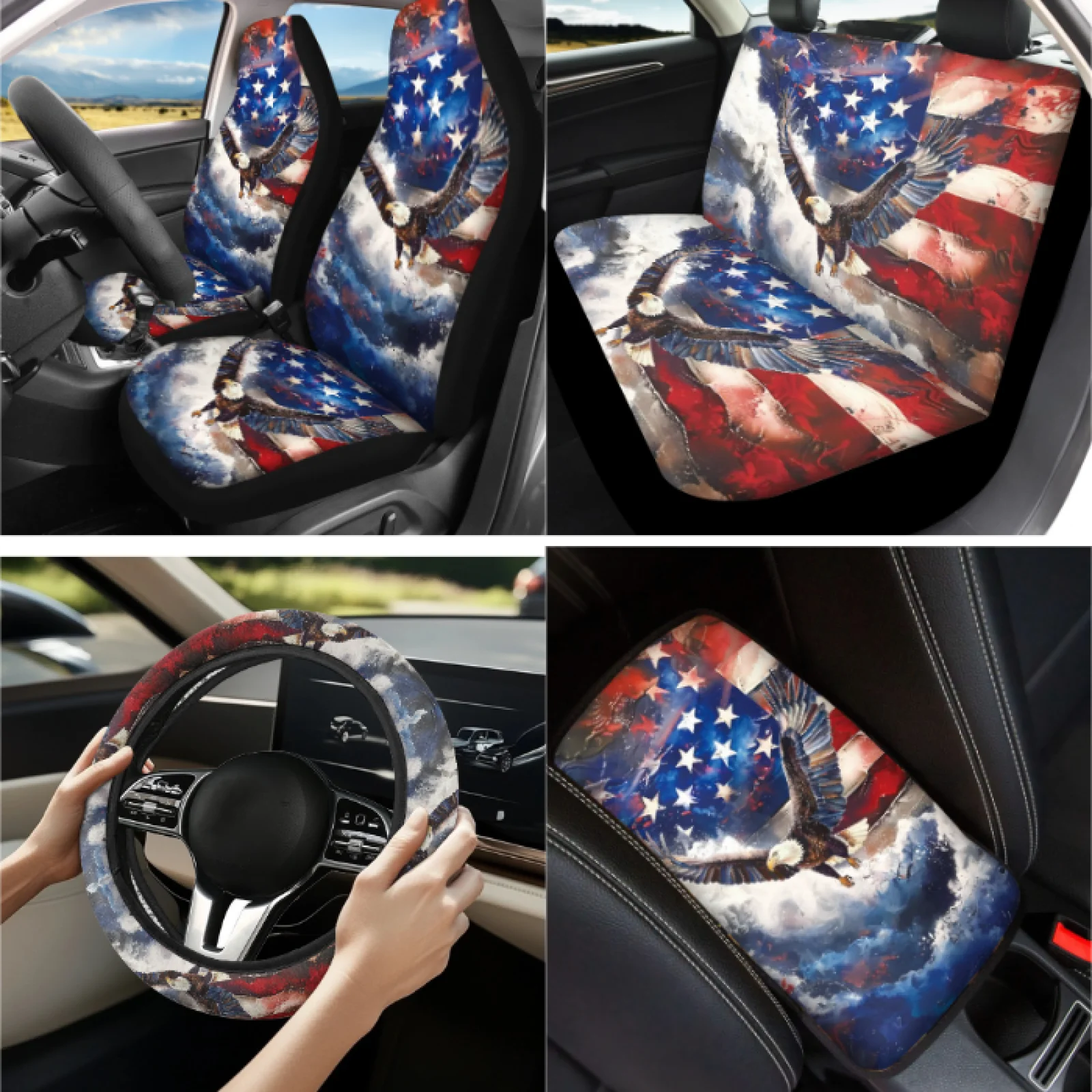 Coloranimal American Flag 13 PCS Auto Seat Cover Sets with Anti-Fade Auto Cup Pad and Key Ring for Interior