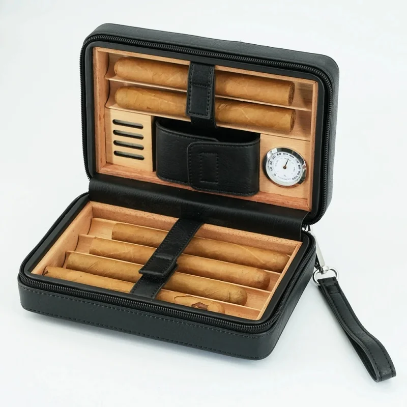 

Portable Leather Cigar Humidor 6 Slots Cedar Wood Lined Cigar Case With Hygrometer Travel Smoking Accessories