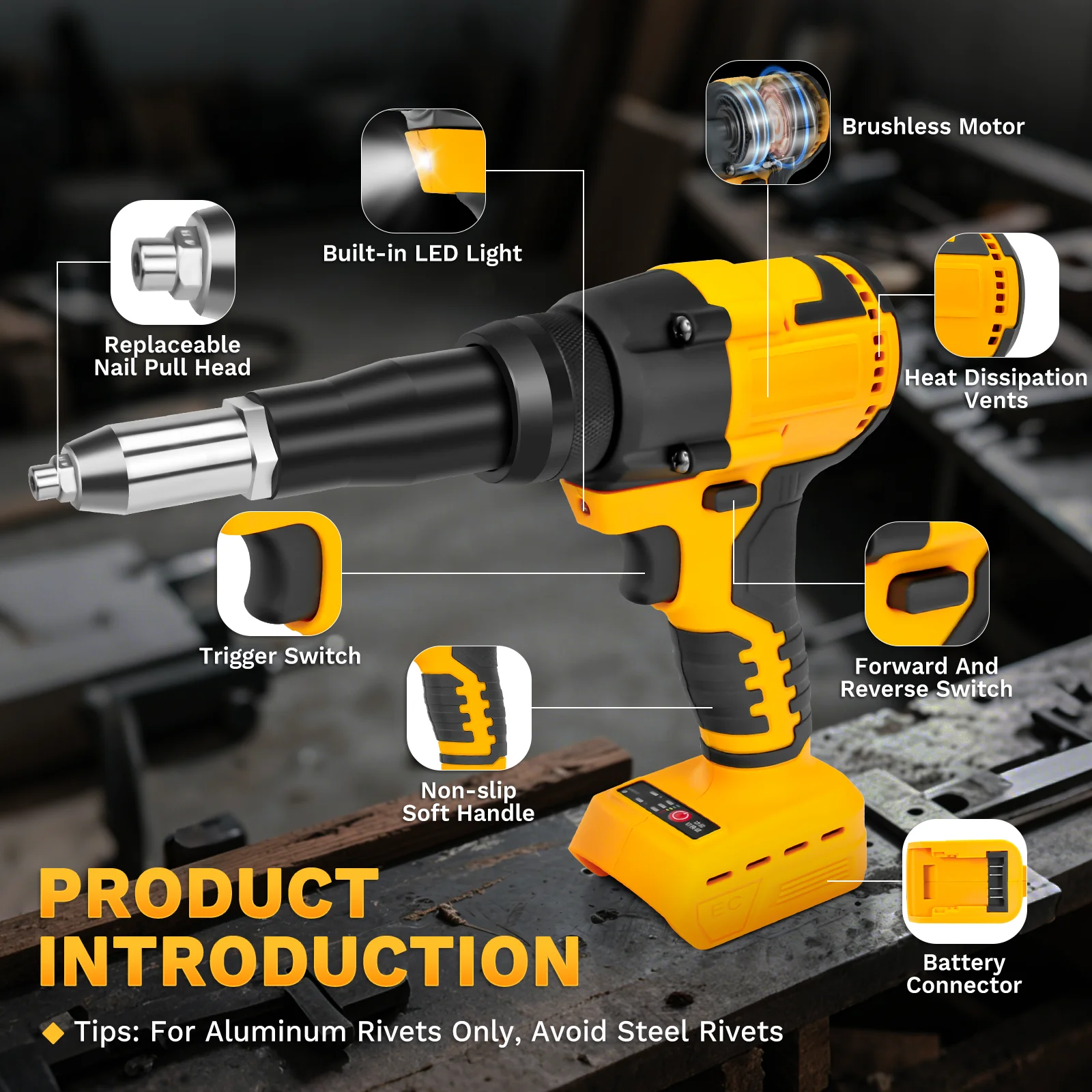 Brushless Electric Rivet Gun Cordless Automatic Riveting Tool Metal Repair Tool with 3 Size Nozzles For Dewalt 20V Battery Pin