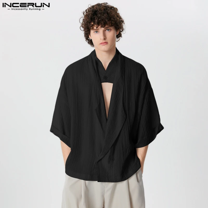 

INCERUN Men Irregular Shirt Solid Color V Neck Short Sleeve Hollow Out Camisas Streetwear Loose 2024 Transparent Thin Shirts Men