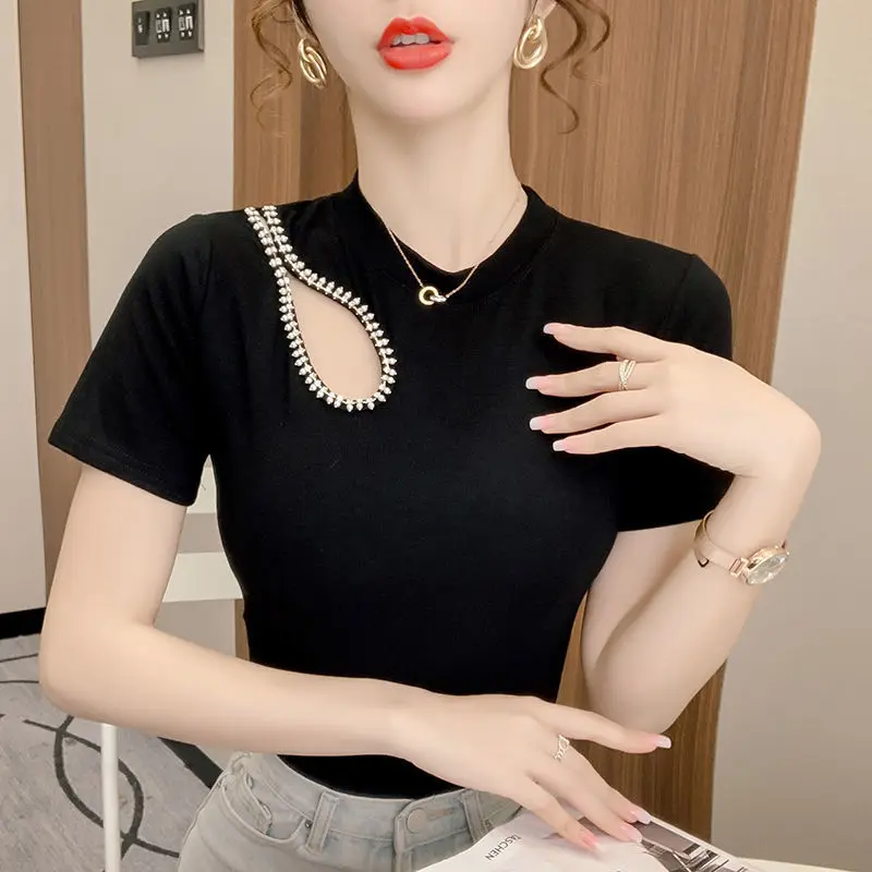 Elegant O-Neck Asymmetrical Diamonds Blouse Women\'s Clothing 2023 Summer New Casual Pullovers All-match Office Lady Shirt