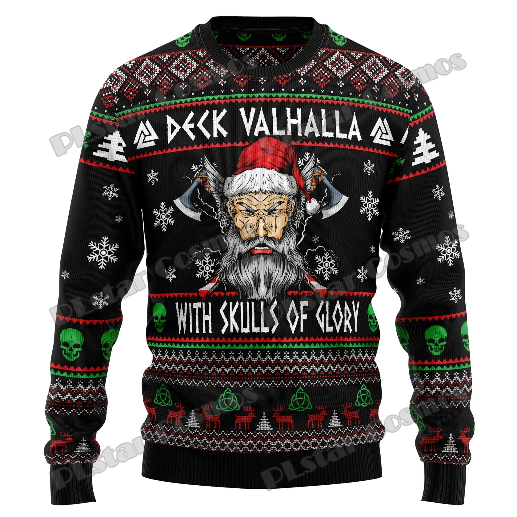 Autumn Winter Unisex Casual Knit Pullover Sweater Valhalla Fa-La-La-La & Skulls 3D Printed Men\'s Ugly Christmas Sweater KMY08