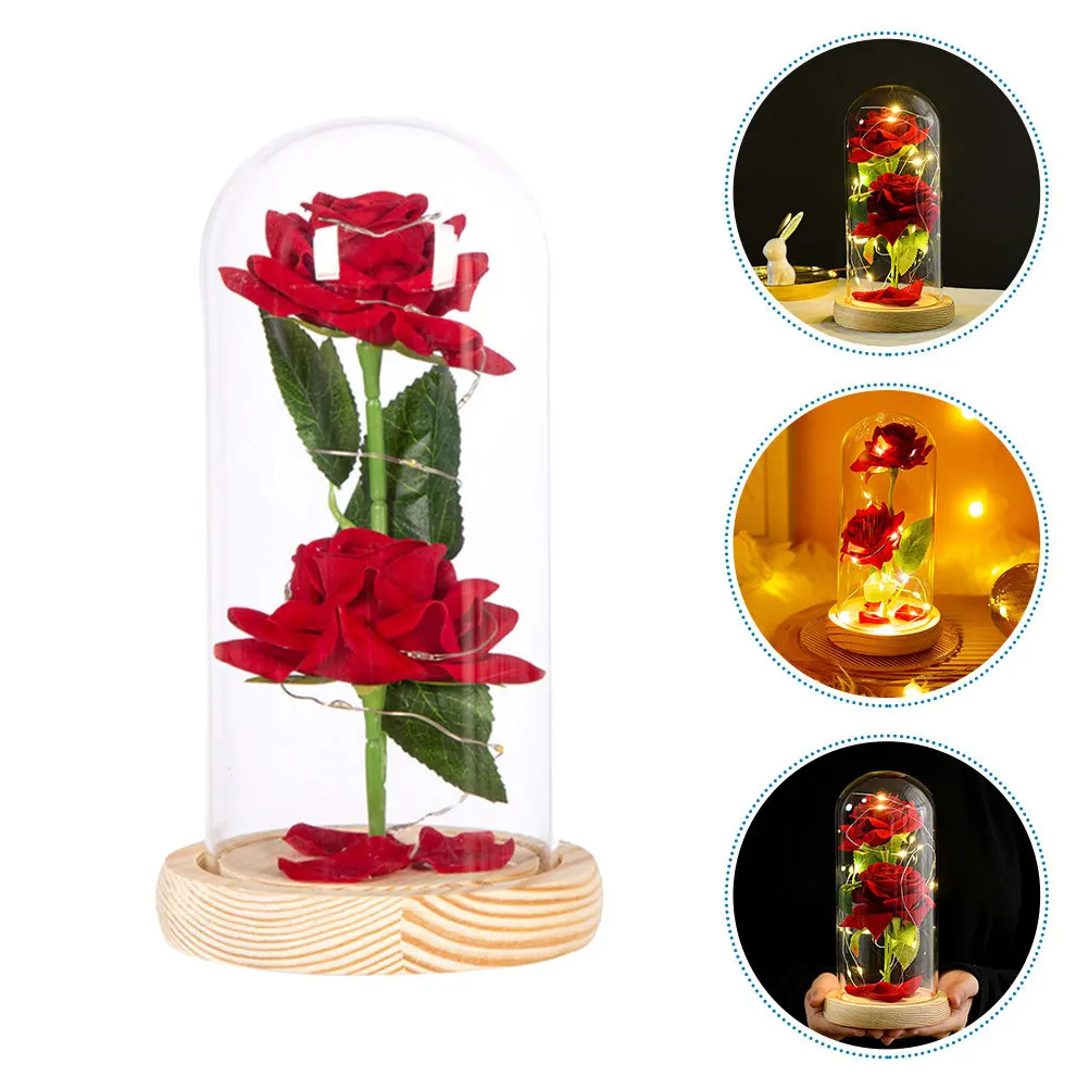 ديكور وردي على شكل قبة زجاجية رائعة مع إضاءة LED، ضوء أبيض دافئ، زهرة وهمية غير مبطنة للتصميم الداخلي للمكتب المنزلي