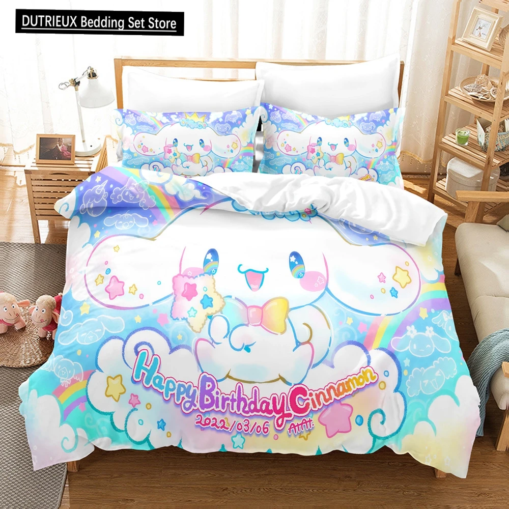 

Sanrio Cartoon Duvet Cover Pillowcase Bedding Set Cute Cinnamoroll Children's Bed Double Comfortable Bed Full Twin King Size