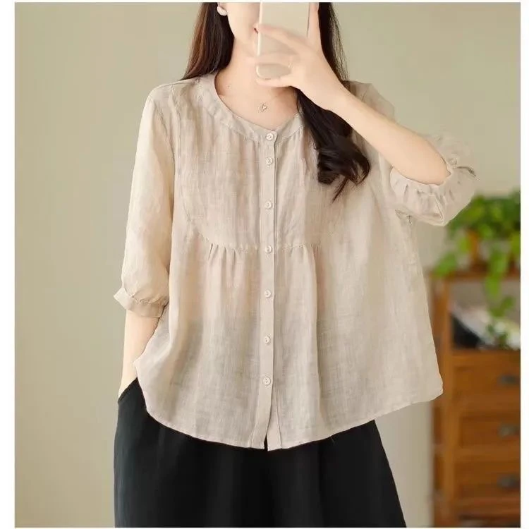 

Женская летняя новая свободная тонкая льняная блузка с коротким рукавом, дышащий топ премиум-класса из смесового полиэстера для женщин