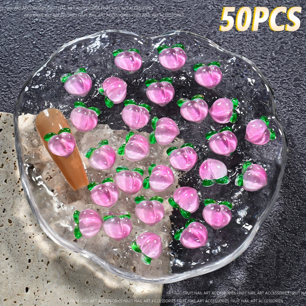 50 szt. - Żywiczne cyrkonie do paznokci w kształcie arbuzu 3D, 8/10/12 mm, letnie owoce, truskawka/wiśnia/brzoskwinia, ozdoby do paznokci DIY, kawaii owoce