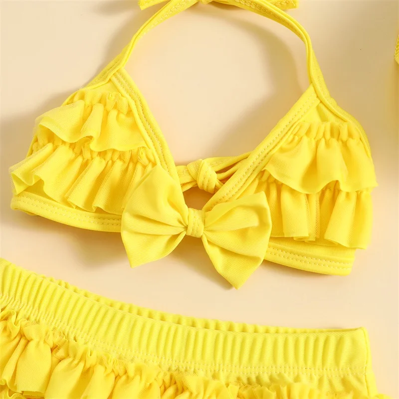 0-24M Fashion Summer Newborn Baby Girls Swimwear Bikini Set Cute Bow Droop Neck Tops+Layered Ruffles Shorts+Hat Beachwear