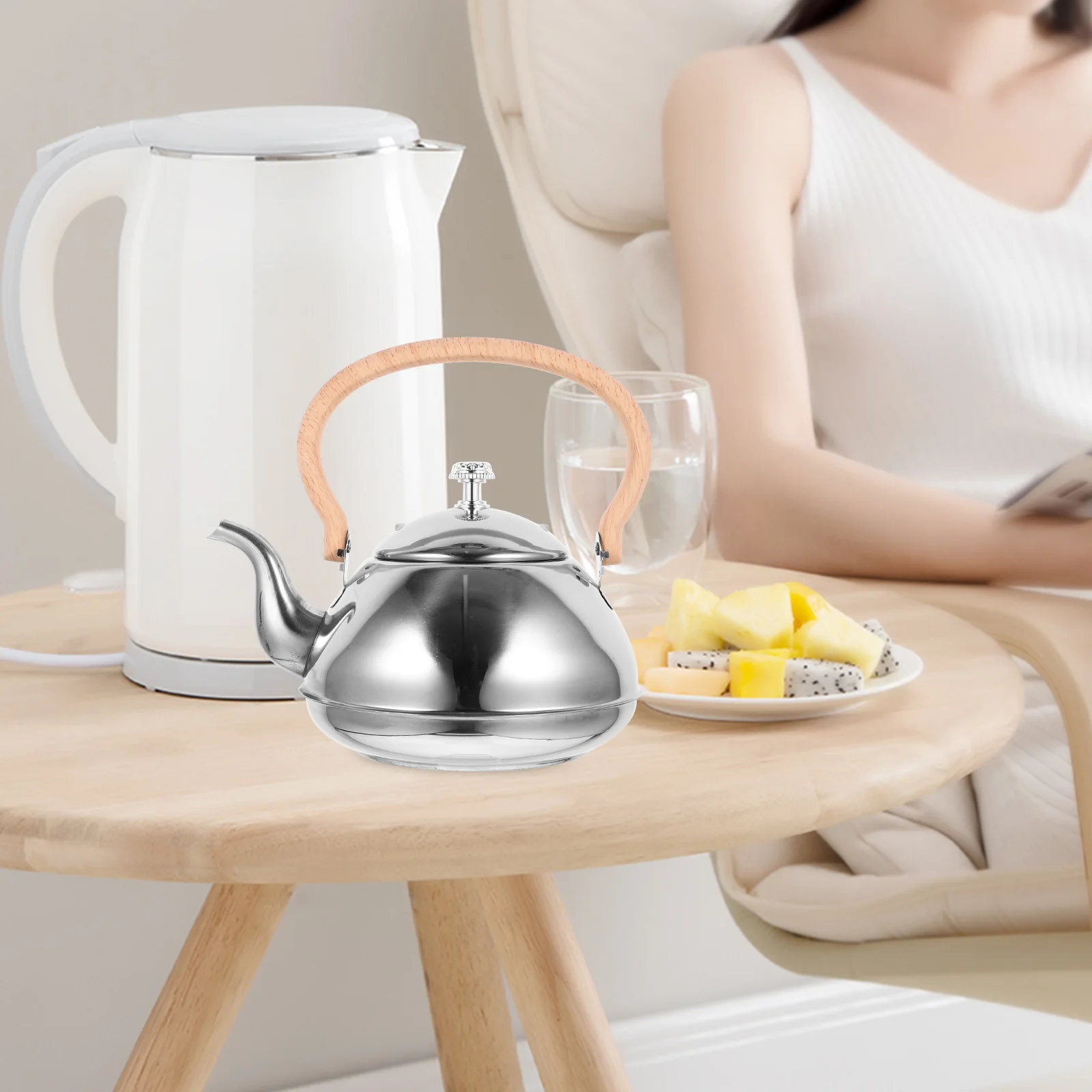 

1pc Stainless Steel Water Kettle Large Capacity Polished Finish Household Tea Kettle For Home Office Kitchen Modern Teapot