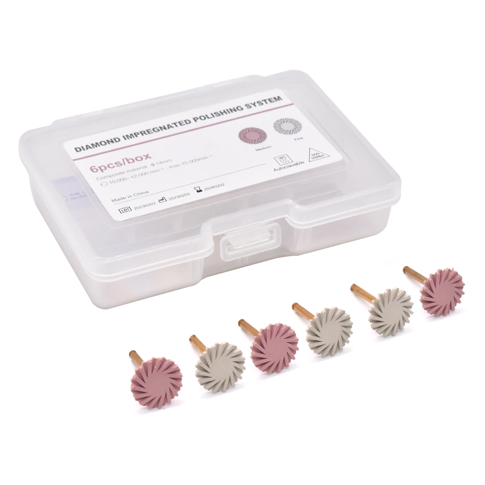 6pcs/box Dental Rubber Polisher Composite Resin Diamond Impregnated 2-Step Polishing System Disc 14mm Wheel Kit Spiral