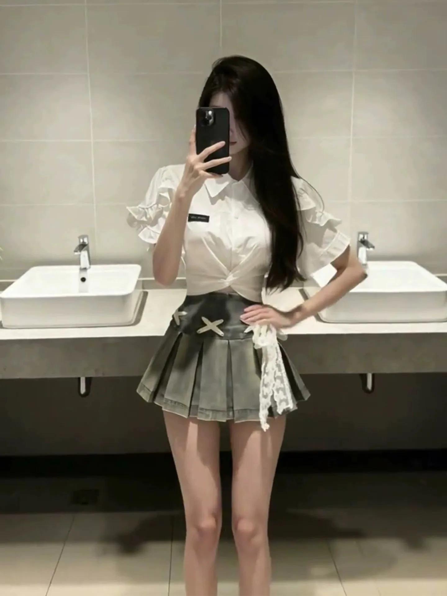 

Japanese Style Neck Short Sleeve Denim Pleated Skirt Two Piece Set Fashionable Casual Outfit for Young Women