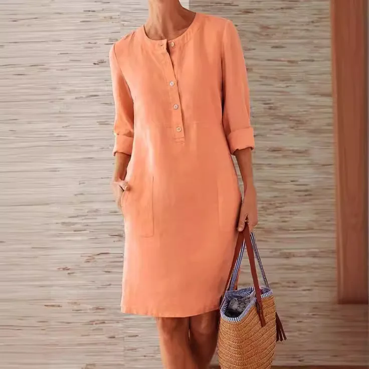 

Women's Retro Cotton Linen Loose Waist Dress Round Neck Comfortable Casual Pocket Long Sleeve Spring Autumn ladies Dress