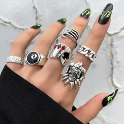 Punk Silver Color Skeleton Skull Rings Set Fashion Poker Joker Heart Geometric Rings for Women Men Jewlery Accessories