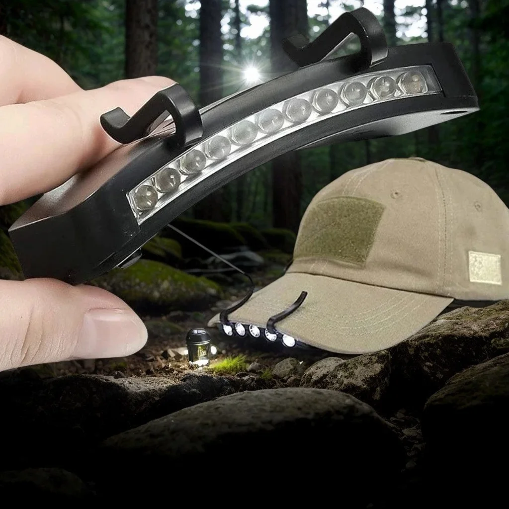 Przenośna lampka LED na daszek czapki z 11 diodami - lampka czołowa na rondze czapki do jazdy na rowerze, pieszych wędrówek, wędkowania i aktywności na świeżym powietrzu.