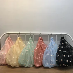 Mesh Embroidered Daisy Tote Bag Spring Sweet Female Shoulder Bag Light Clear Shipping Bag High Capacity Eco Bag Purse for Girls