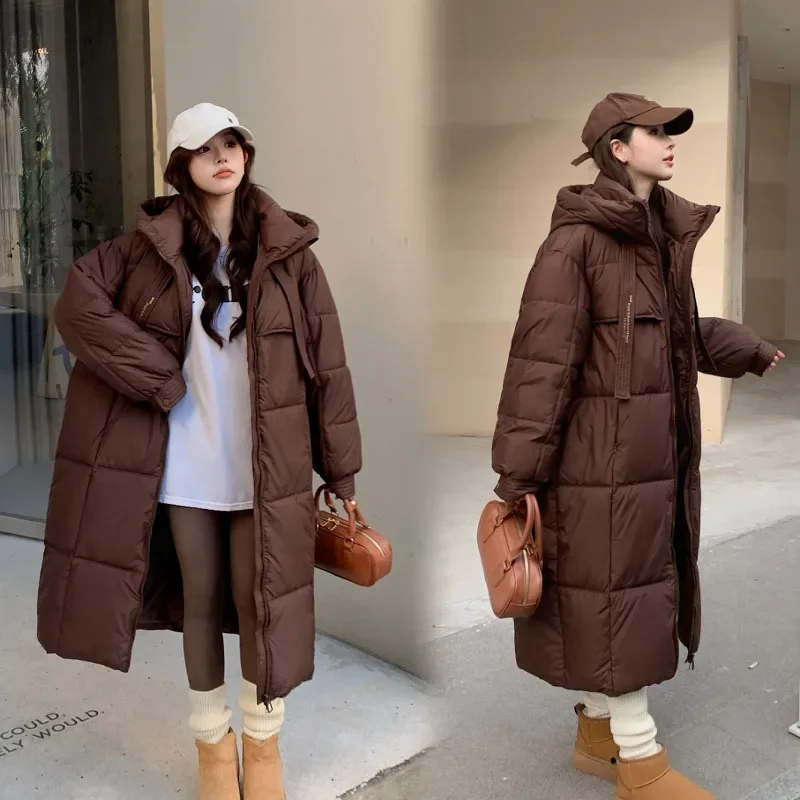 -30 Degrees Long Knee Length Winter Women\'s Down Cotton Jacket Thick Hooded Loose Outerwear Fashion Design Ladies Coats Female